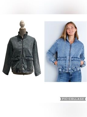 Washed Denim Zip-Front Jacket - Blue and Charcoal